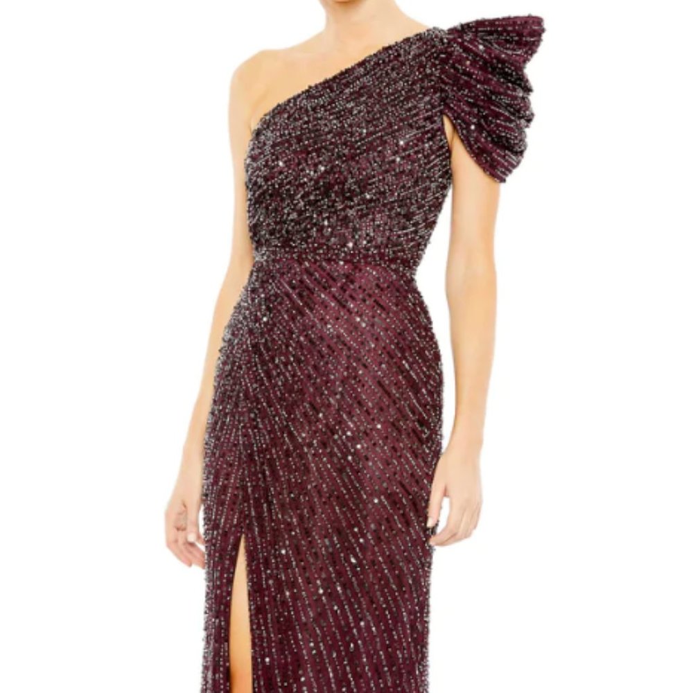 MAC DUGGAL 5622 EMBELLISHED PUFF ONE SHOULDER BLACKBERRY GONW sz 2